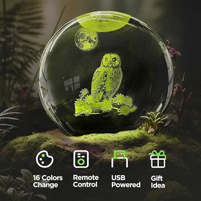 3D Owl Crystal Ball Night Light with Remote Upgraded 3.15 in Owl Figurines Glass Ball Lamp with 16 Color Wooden LED Base Owl Snow Globes Decor Gifts for Kids Teens Women