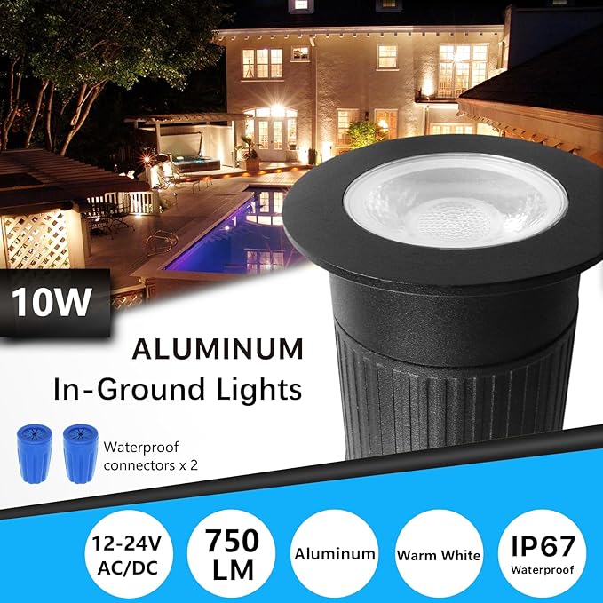 RNEHON 10W LED In-Ground Lights, Aluminum Low Voltage 12-24V AC/DC Ground Lights, IP67 Waterproof Recessed LED Outdoor Landscape Well Lighting for Yard Lawn Garden Pathway Patio (1 Pack)