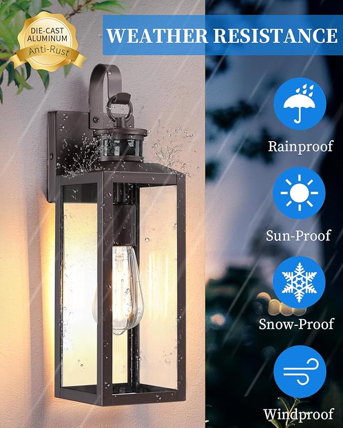 17'' Motion Sensor Outdoor Lights Wall Mount, Dusk to Dawn Exterior Light Fixture, Waterproof Anti-Rust Porch Light Outside Wall Lights for House, Brown Wall Sconce Lanterns with Clear Glass, 2 Pack
