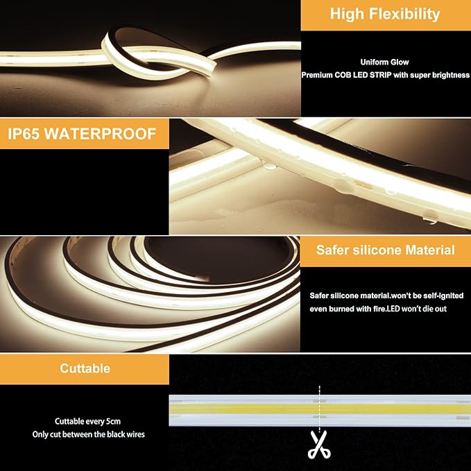 COB LED Strip Lights,Natural White 4000K,DC24V IP67 Waterproof LED Strip,480LEDs/M,16.4ft/5M,8MM Wide,CRI90+,Outdoor cob led Strip for Bathroom Decor,Pool,Garden (Power Not Include)