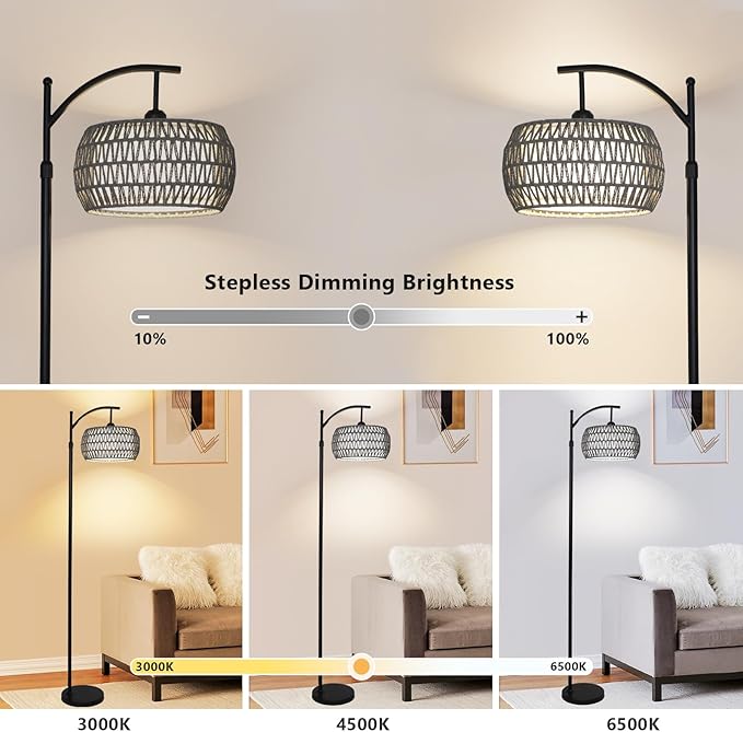 Arc Floor Lamp for Bedroom, Boho Standing Lamp with Remote & LED Smart Bulb, Rattan Floor Lamps for Living Room with 3 Color Temperatures, Height Adjustable Corner Tall Lamp, Stand up Light for Office