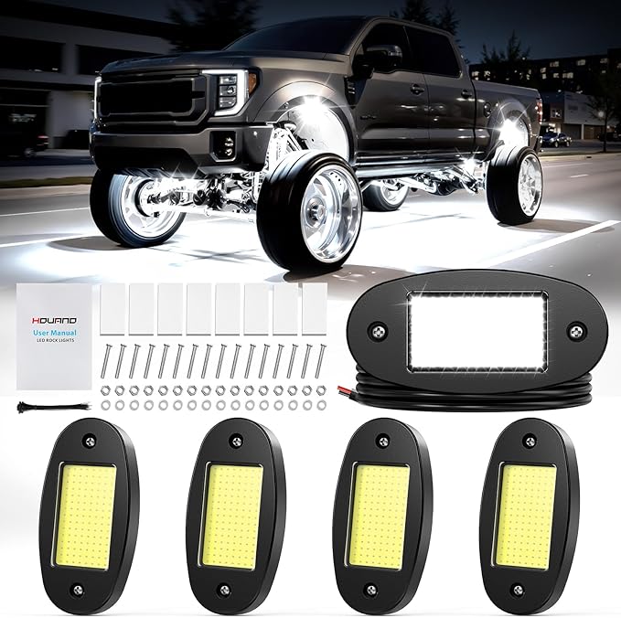 4 Pods COB White Rock Lights, 120 COB Chips 6500K Pure White Super Bright Neon Underglow, IP68 Waterproof Shockproof Off-Road Light Kit for Pickup Trucks, SUV, UTV, ATV, RZR, Cars Boats