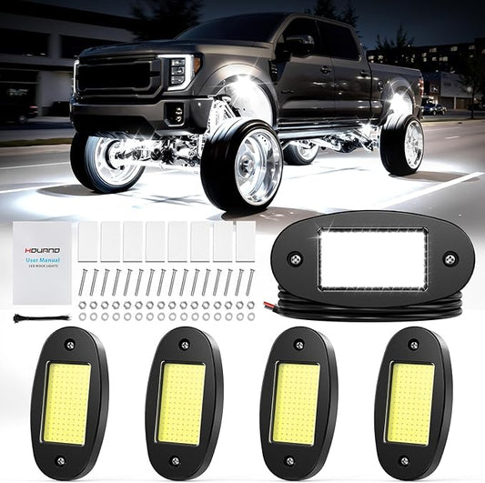 4 Pods COB White Rock Lights, 120 COB Chips 6500K Pure White Super Bright Neon Underglow, IP68 Waterproof Shockproof Off-Road Light Kit for Pickup Trucks, SUV, UTV, ATV, RZR, Cars Boats