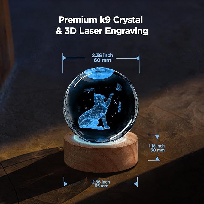 3D Cat Crystal Ball Night Light Cat Lover Gifts for Women 60mm Figurines Glass Lamps with 16 Color and Remote Cute Room Table Decor Birthday Christmas