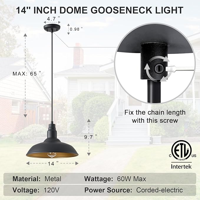 Farmhouse Pendant Lights with Large 14 Inch Dome, Barn Style Hanging Light Fixture for Kitchen, Dinning Room, Black Ceiling Mount Lighting for Indoor and Outdoor Use, Height Adjustable