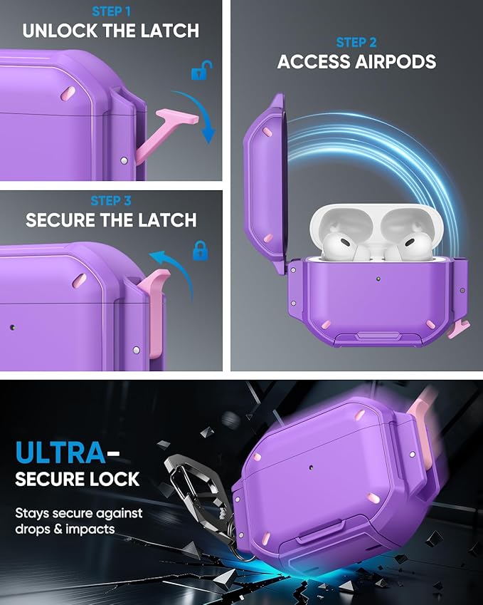 MoKo for AirPods Pro 3 Case with Secure Lock - IP68 Waterproof Case for iPods Pro 3, Military-Grade Protective Cover Earpods Pro 3 with Keychain, Phone Stand & Cleaner Kit, Purple