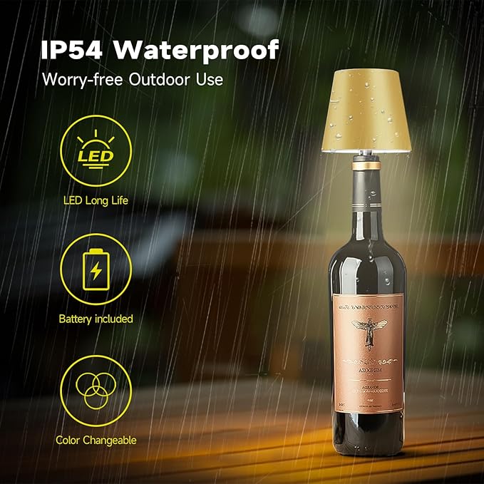 2025 New Wireless Bottle Lamp - LED Bottle Lights for Liquor & Wine Bottles, Cordless Lampshade, Whiskey Bottle Top Light,Golden Yellow Rechargeable 3-Tone Touch-Dimmable