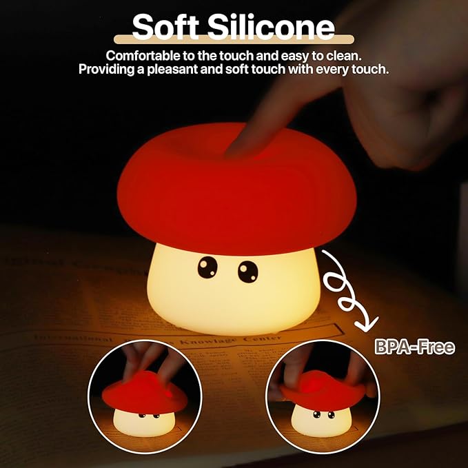 Cute Mushroom Night Light for Kids Rechargeable, Battery Operated Nightlight 3 Level Dimmable with RGB&Timer, Silicone Touch Nursery Lamp for Baby Girls Boys Bedroom Gifts
