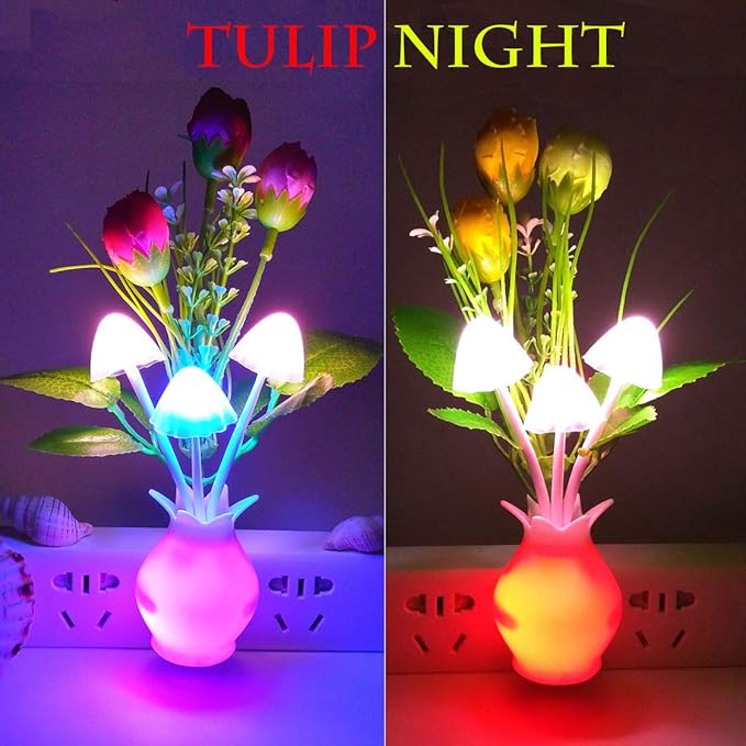 4 Pack Mushroom Night Light, Tulip Clove Plum Flowers Plants Plug-in Mushrooms Colors Changing Nightlight Colorful LED Wall Lamp Little Night Lights for Bathroom Bedroom Corridor Nursery