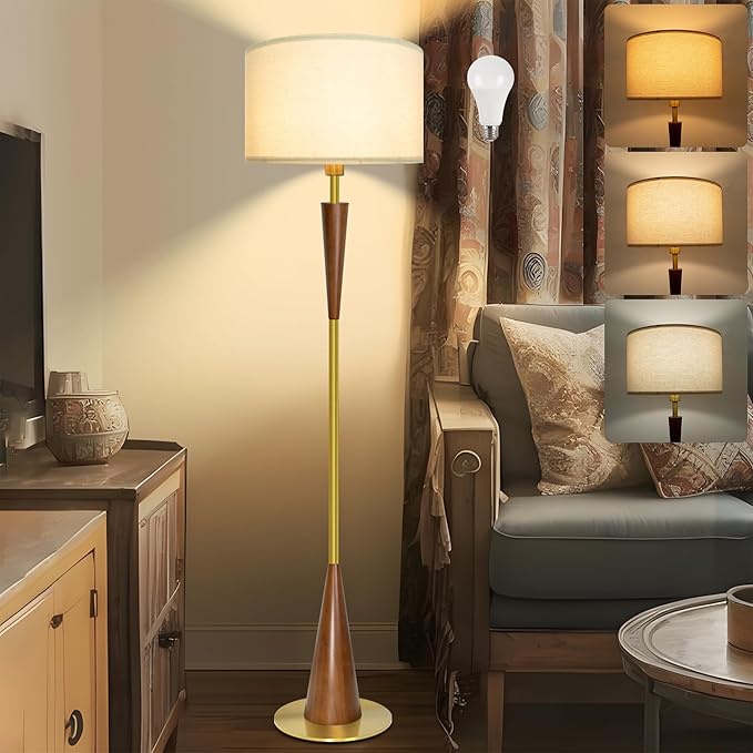 Floor Lamp for Living Room, Wood 3 Color Temperatures & Linen Shade, Modern Reading Standing Lamp with 9W LED Bulb, Mid Century Night Light for Farmhouse, Bedroom, Office, Bronze