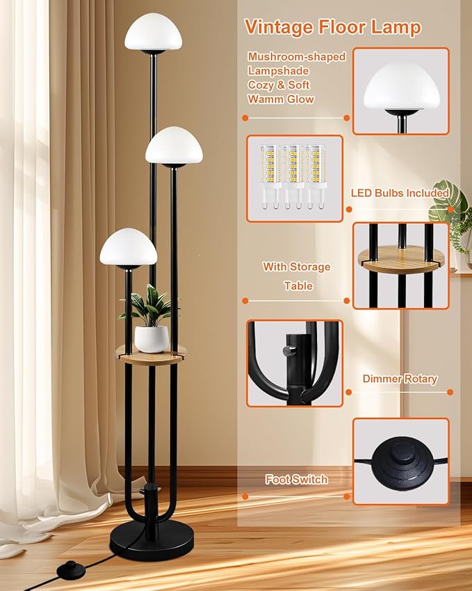 Lightdot Black Dimmable Floor Lamp with Table, Modern Floor Lamps for Living Room, 3000K Warm Lights Tall Standing Lamp with Mushroom Shades & Bulbs Included for Bedroom/Sofa Beside/Corner Decor