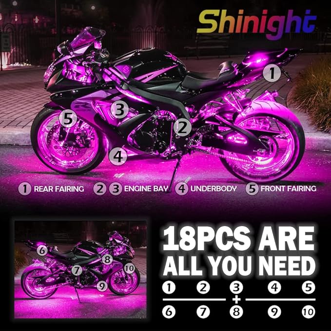 SHINIGHT 18 Pcs Motorcycle LED Light Kits, App Control Multicolor Waterproof Motorcycle LED Strip Lights with RF Remote, Music Sync & Multiple Scene Modes RGB LED Lights for Motorcycles
