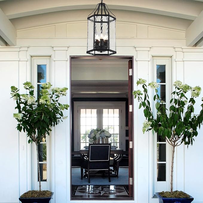 10" Modern 5-Light Exterior Black Lantern Pendant Light Fixture with Clear Rippled Glass Mini Industrial Hanging Cage Chandelier for Outdoor Kitchen Dining Room Hallway Entryway Foyer Porch