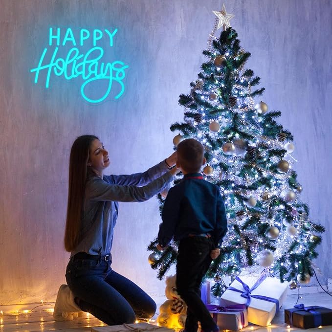 Happy Holidays Neon Sign for Wall Decor Blue Holiday Neon Lights Dimmable LED Christmas Neon Signs for Christmas, Thanksgiving, New Year