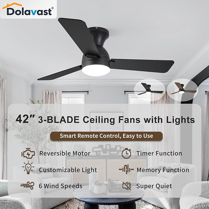 Ceiling Fans with Lights and Remote, 42 Inch Ceiling Fan with Light, Low Profile, Reversible, Dimmable LED, Flush Mount, Quiet, DC Motor, Black Ceiling Fan for Bedroom, Kitchen, Dining Room