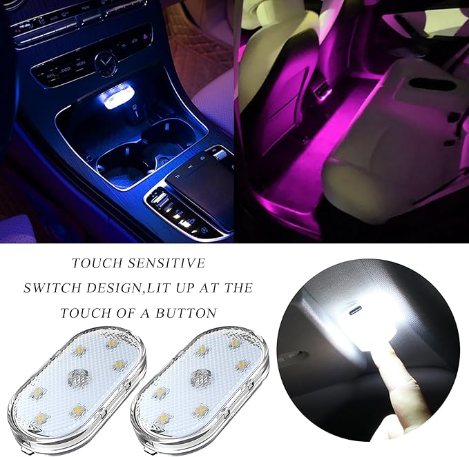 2 PCS Car LED Lights Interior Wireless, Sticky Car Ambient Lighting with 6 Bright LED Lamp Beads, Portable USB Rechargeable Vehicle Interior Led Night Light for Car (Colorful)