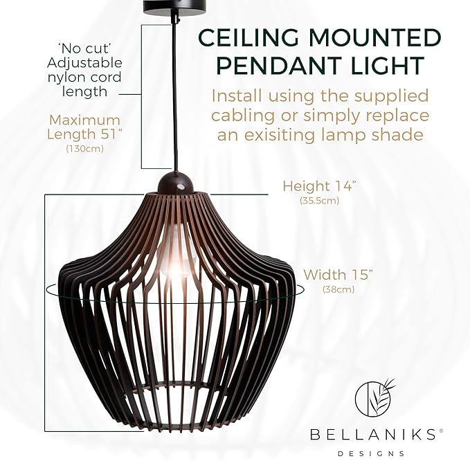 Wood Pendant Light - Easy-to-Assemble Ceiling Chandelier - Modern Boho Hanging Lamp Lighting Fixture for Dining, Kitchen, Bedroom, Living Room - Adjustable Nylon Cord, Uses Standard Bulb