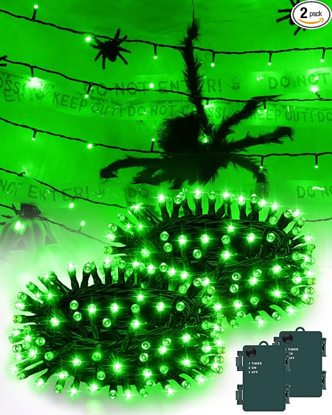 Halloween Lights Battery Operated, Green Fairy Lights with Timer Waterproof 9.8ft 30 LED Halloween Decorations for Outdoor Indoor Patio Home Party Garden Yard Decor 2 Packs