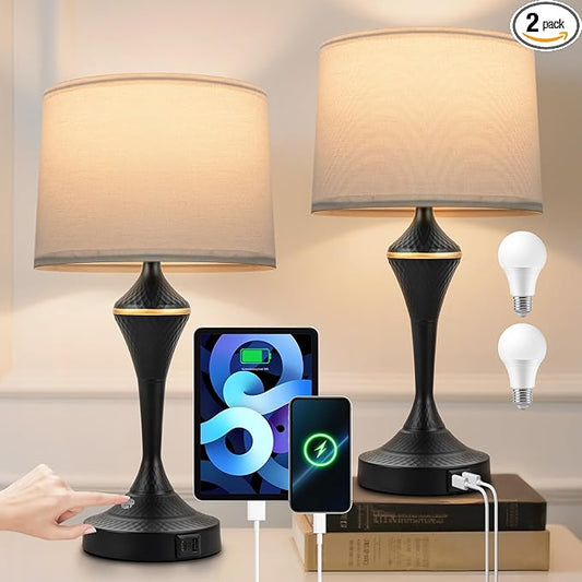 2 Pack Modern Touch Control Table Lamps with USB-C & USB-A Ports, 3-Way Dimmable Bedside Lamps, E26 Base Bulbs Included, for Bedroom Living Room, (Black)