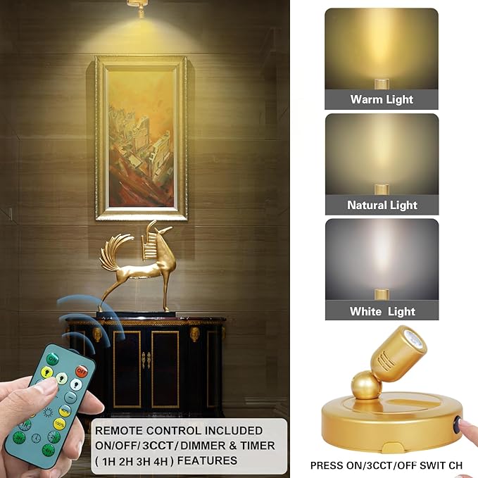 Indoor Spotlight, Battery Operated Picture Light with Remote, 3 Lighting Modes LED Display Lights, Plant Tree Spotlight with Timer, Up Lights for Art Display Dartboard Artwork Frames-Gold