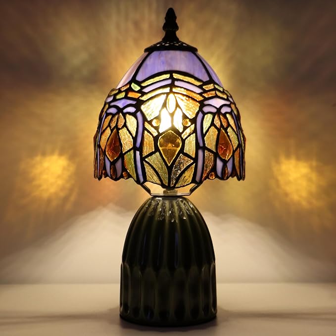 Tiffany Lamp Stained Glass Mushroom Table Lamps 6X6X12.5 Inch Purple Jewelry Baroque Style Small Night Light Ceramic Base Mini Accent Desk Light Suitable for Bedside Table Bedroom Children Room