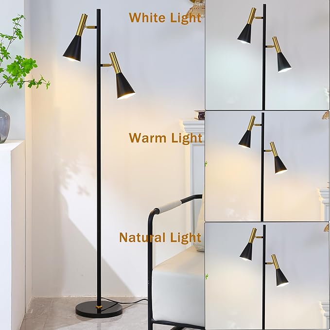 Modern Floor Lamp with 2 Adjustable Head Tall Pole Uplight for Living Room, Bedroom, Office,Gold and Black Corner Light for Reading (Black and Gold)