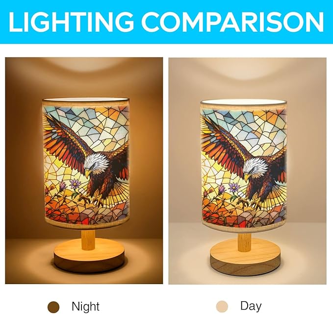 Eagle with Flower Table Lamp LED 3-Color Pressed Bedside, Eagle with Flower Shade Lamp with Wood Base for Bedroom Living Room Desk Office TL01