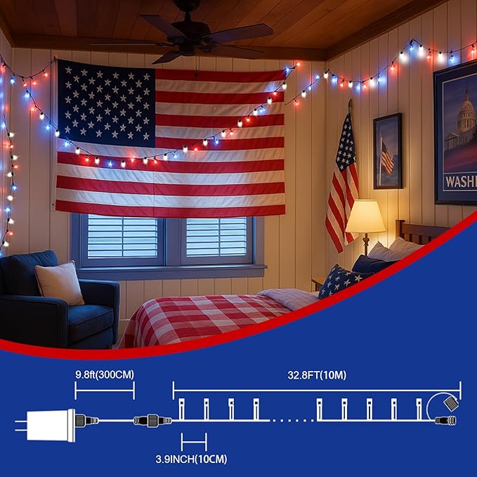LAMPHOME Red White and Blue Patriotic String Lights, 33ft 100 LED Fairy Lights Plug in, 16 Modes Red White Blue 4th of July Lights Outdoor for Independence Day Memorial Day Patriotic Window Decor