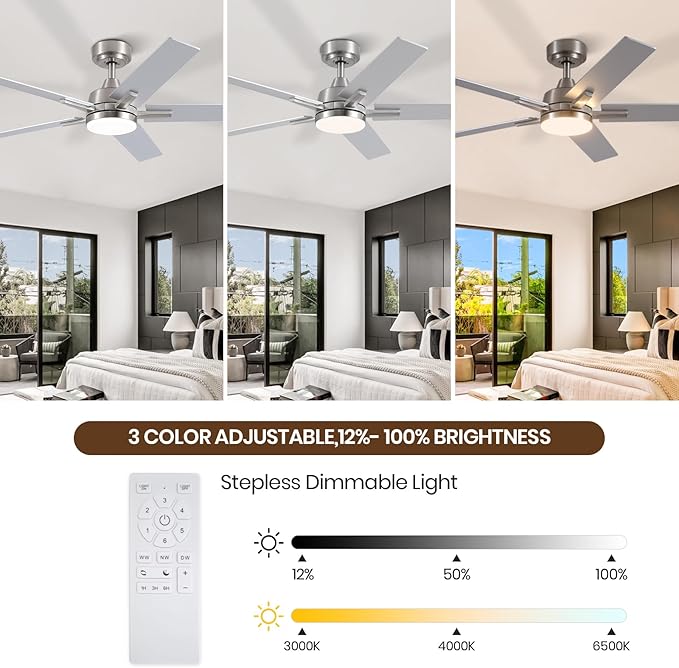 Ceiling Fans with Lights, 52 inch Nickel Ceiling Fan with Light and Remote Control, Reversible, 3CCT, Dimmable, Noiseless, Small Ceiling Fan for Bedroom, Indoor/Outdoor Use