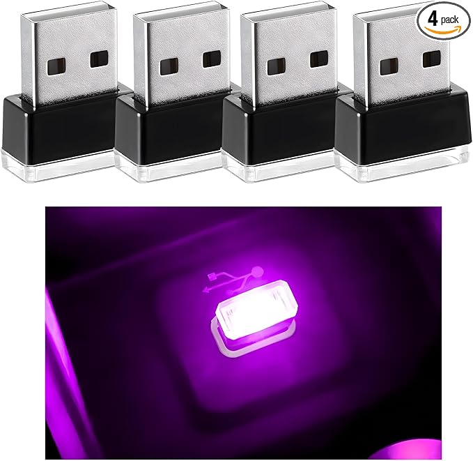 4 PCS USB LED Car Interior Atmosphere Lamp, Mini Night Light Plug-In Trunk Ambient Lighting Kit, Portable USB Interface LED Lamp Interior Decoration for Vehicle Home Office (Purple)