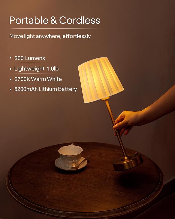 EppieBasic Cordless Table Lamp Rechargeable: Fast Charging & Long Lasting - 2700K Warm Light Vintage Gold Lamps - Dinning Living Room Bedroom - Pleated Shade - 2 Pack