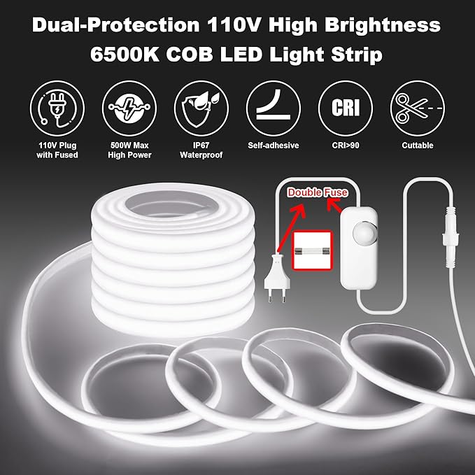IP67 Waterproof COB LED Strip Lights AC 110V-120V Direct Plug, 100FT Super Bright Outdoor Strip Lights with Double Fuse Controller, 6500K White LED Strips for Garden Patio Commercial Decor