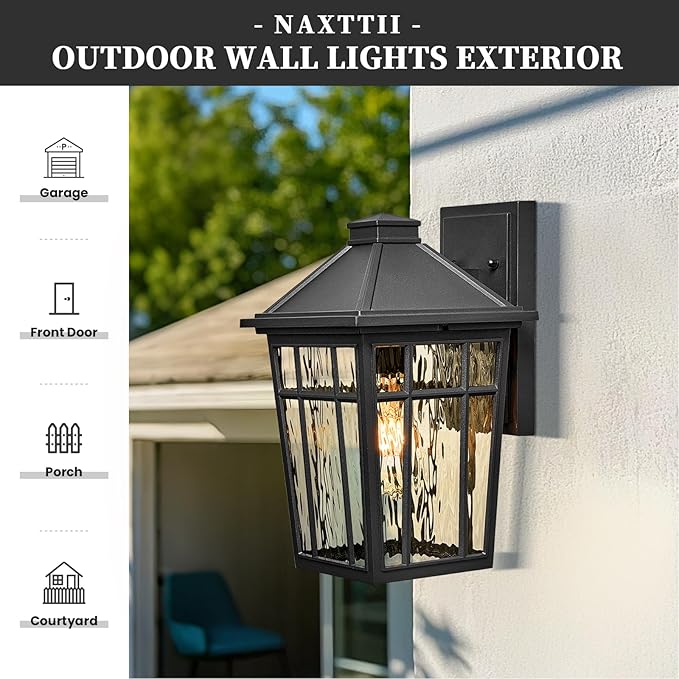 Outdoor Wall Sconce Waterproof Aluminum Porch Lights Outdoor with Water Ripple Glass 14 Inch Large Outdoor Light Fixtures Wall Mount for Patio Yard Doorway Garage