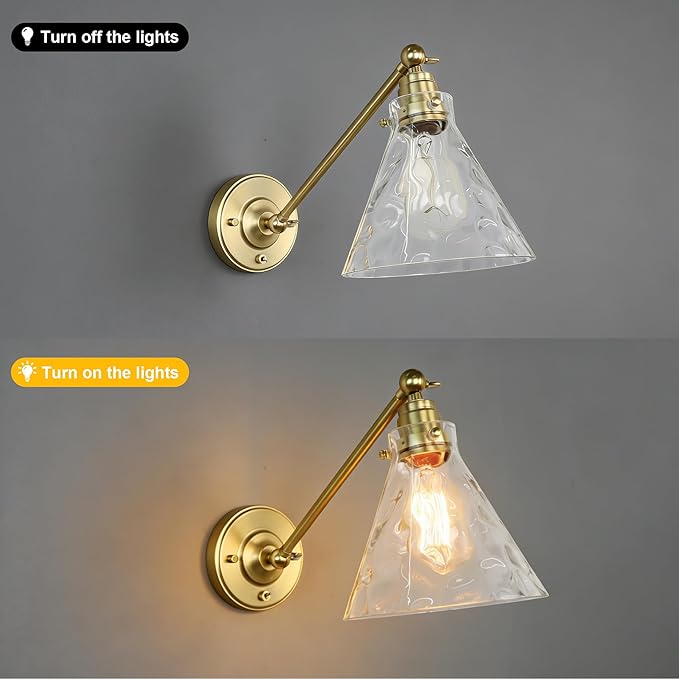 Industrial Vintage Slope Pole Wall Mount Single Sconce with Funnel Flared Clear Glass Shade, Swing Arm Wall Sconce Light Lamp Fixture Hardwired