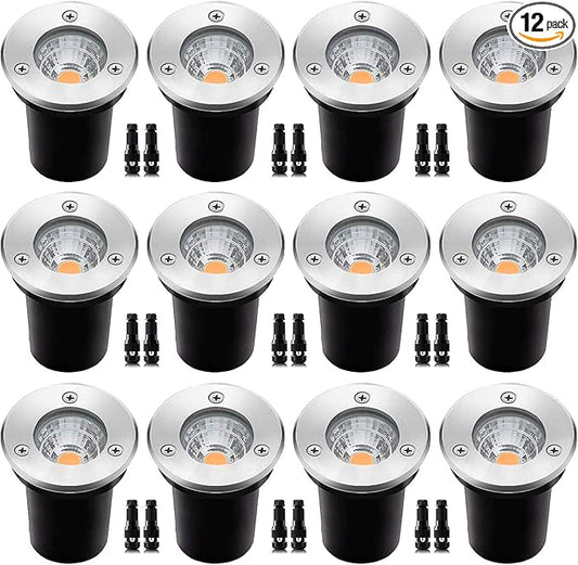 12 Pack 3W Low Voltage Led Landscape Lights,12V/24V AC/DC Well Lights,IP67 Waterproof In Ground Light and Landscape Lighting for Garden,Yard, Driveway, Deck, Step Up Light(Warm White 12 Pack)