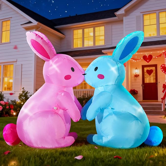 Domkom 6FT Long Easter Inflatable Bunnies Outdoor Decorations, Build-in LED Lights Holiday Blow Up Yard Decoration, for Easter, Outdoor,Garden, Yard Lawn Décor