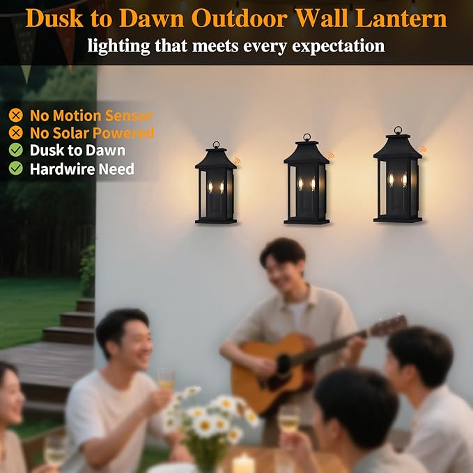 tewei 18'' Dusk to Dawn Outdoor Light Fixture, Porch Lights Outdoor Wall Sconce Lantern, 2-Light Black Exterior Lighting Fixture Wall Mount, Outside Light for House Garage, 2-Pack