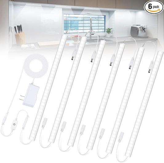 6PCS x 12 Inch Under Cabinet Lights Plug-in, Dimmable LED Under Cabinet Lighting, Cold White 6000K Under-Counter Light Fixtures with Memory Function, Under Counter LED Lights for Kitchen