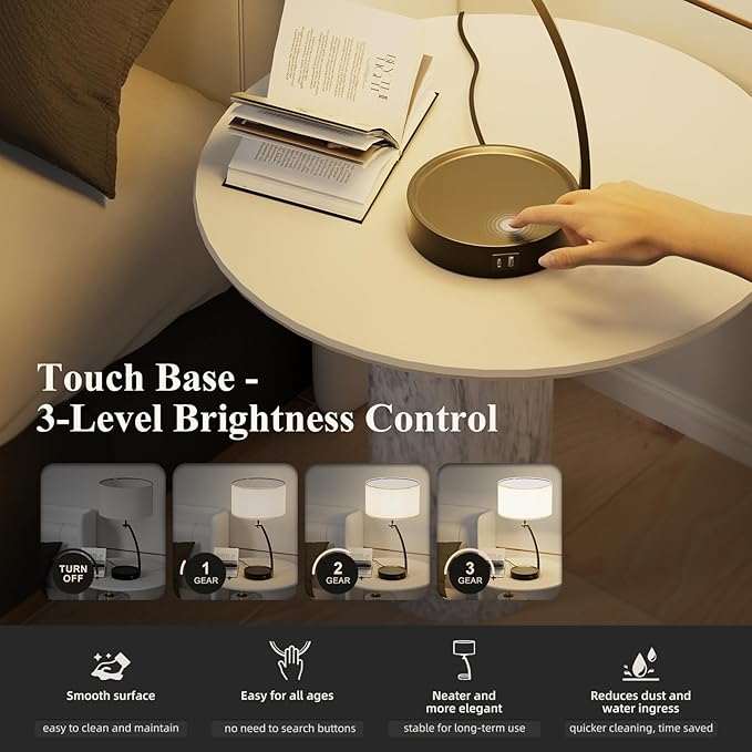 Bedside Table Lamp - 3-Way Dimmable Touch Lamps for Bedroom, Black Nightstand Lamp with USB C+A Charging Ports, Simple Modern Side Lamps for Living Room, Entryway, Hallway, Bulb Included