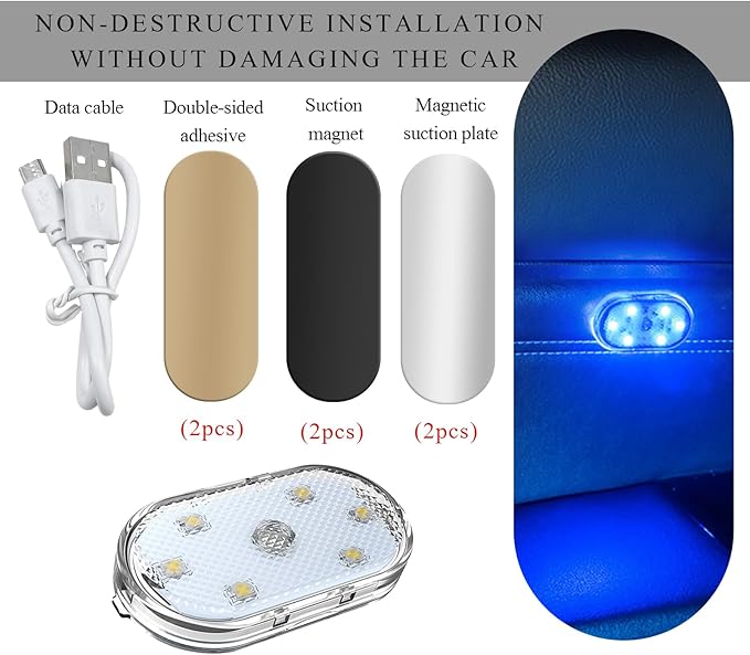 2 PCS Car LED Lights Interior Wireless, Magnetic Car Ambient Lighting with 6 Bright LED Lamp Beads, Portable USB Rechargeable Vehicle Interior Led Night Light for Car (Colorful)