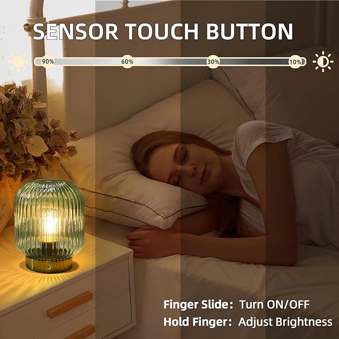 MJ PREMIER Rechargeable Lamp, Green Glass Lamp with Memory Function, Cordless LED Lamp with Dimmable Brightness, Decorative Touch Lamps for Bedroom Living Room