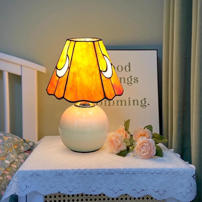 Mushroom Lamp Tiffany Lamp Stained Glass Table Lamp Moon Cute Small Bedside Lamps for Living Room Home Decor,Unique Aesthetic Home Living Room Decor Girls Women Birthday Day Gift,Orange