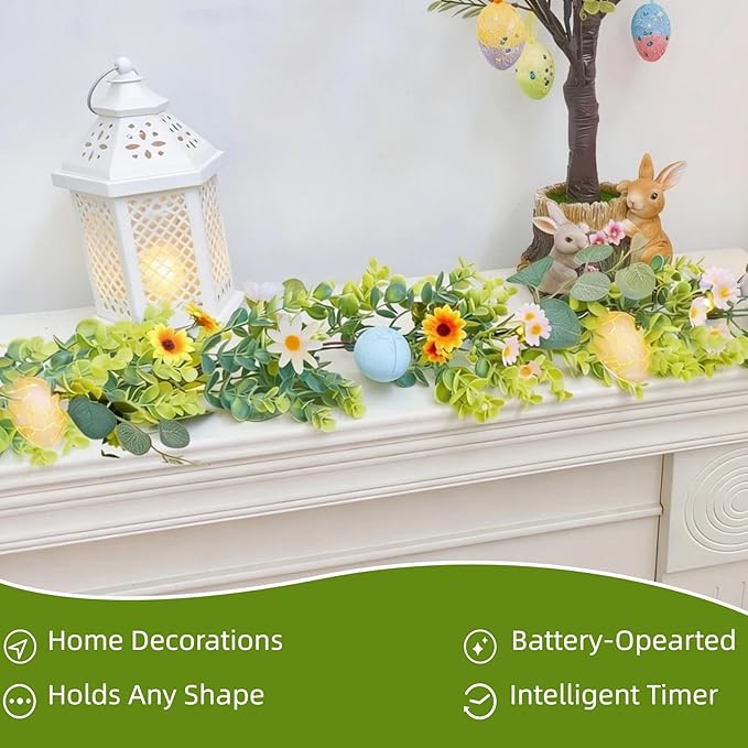 Easter Garland Decorations-6FT Spring Floral Egg Garland with Eucalyptus Leaf Flower,Battery Operated with Timer for Mantle Fireplace Door Home Office