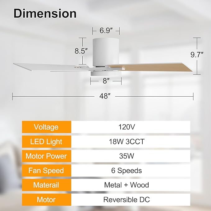 WINGBO 48" Flush Mount Ceiling Fan with Light - 4 Plywood Blades, 6-Speed Reversible DC Motor, Dimmable, 3CCT, Noiseless Low Profile Ceiling Fans and Light for Bedroom Living Room, White and Oak/White