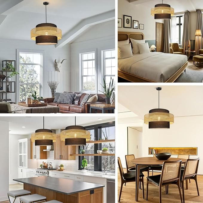 Boho Rattan Pendant Lights Hand-Woven Wicker Hanging Light Farmhouse Basket Pendant Light Fixture Black Shade Rattan Chandelier for Living Room Dining Room Kitchen
