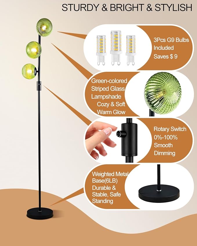 Lightdot Dimmable Floor Lamp for Living Room with 3 Green Glass Globe Shade, Black Pole Standing Lamps with Bulbs Included, Mid Century Modern Floor Lamp for Living Room/Sofa Beside/Corner Decor