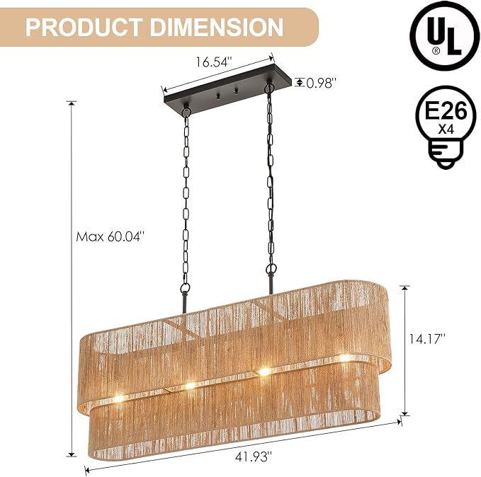 42” Boho Chandelier Coastal 2 Layers Hand Woven Rattan Pendant Light Linear Large Island Light for Dining Room Kitchen Island Living Room, UL Listed