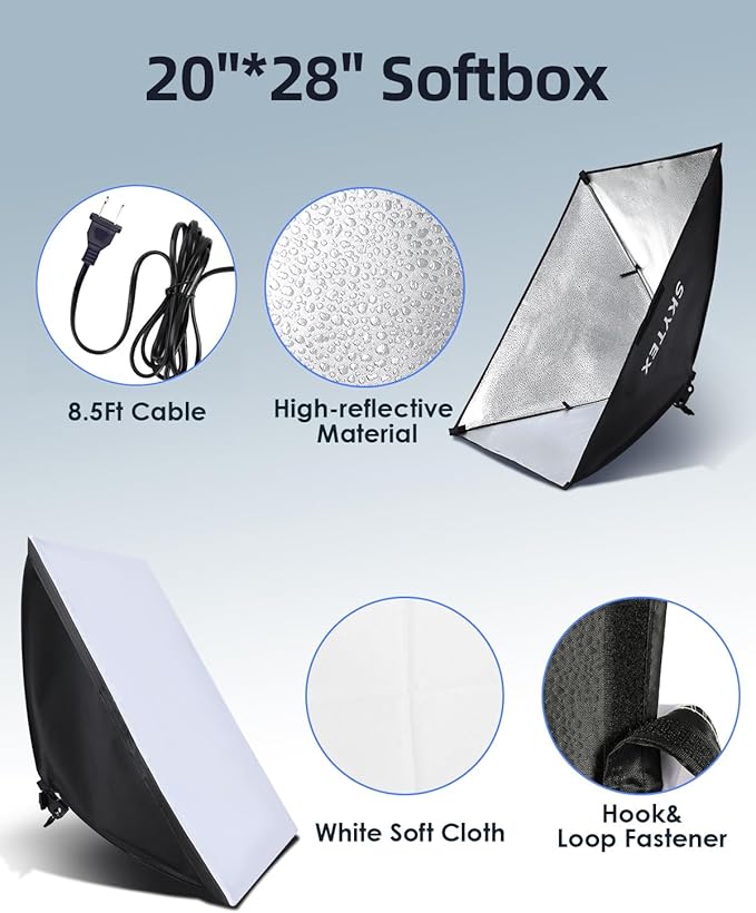 Skytex Softbox Lighting Kit 2Pack, 20x28in Soft Box | 135W 5500K E27 CFLBulb Continuous Photography Lighting, Photo Studio Lights Equipment for Camera Shooting, Video Recording