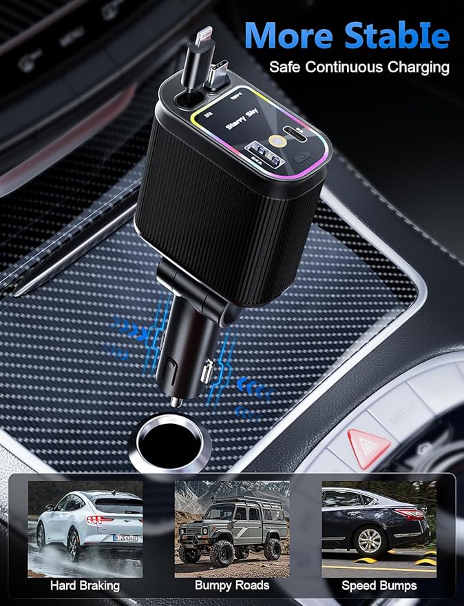 Starlight Retractable Car Charger with Retractable Cables, Starlight in Car Roof 4 in 1 Super Fast USB C Car Phone Charger, 2 USB Ports Starry Sky Adapter, Compatible with iPhone 17 16 15 14 13 12