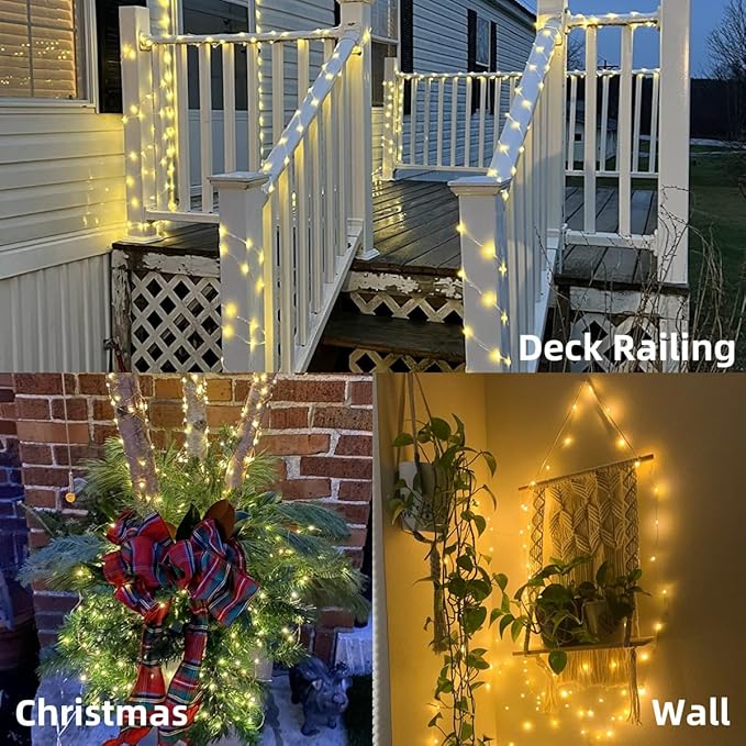 YEGUO 4 Pack Warm White Solar Fairy Lights, Each 33ft 100 LED Valentines Lights Outdoor Waterproof, 8 Modes Sliver Wire Solar String Lights